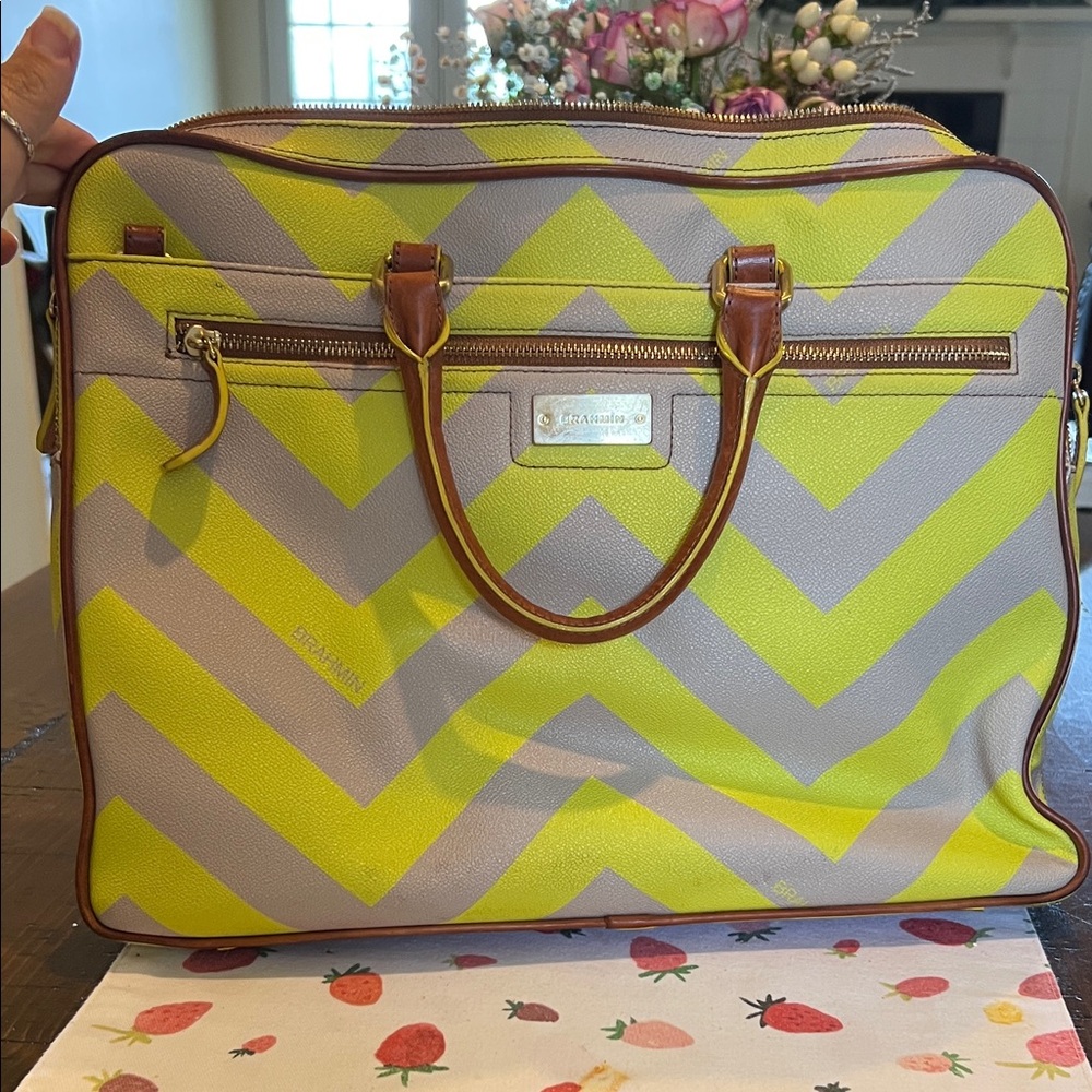 Brahmin Lime and Taupe Chevron Bag